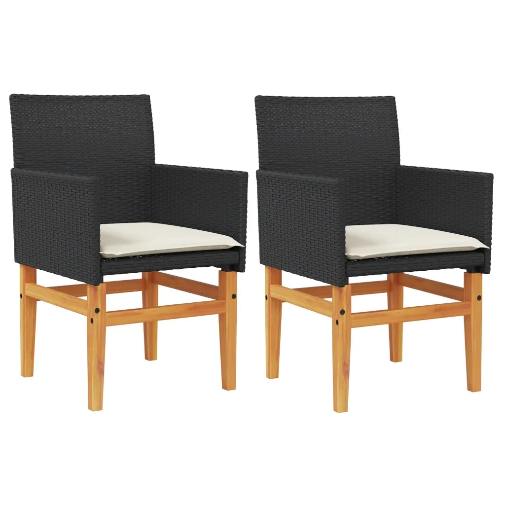 Sedie Giardino con Cuscini 2 pz | Sedie da Esterno Nere Polyrattan e Legno Massello