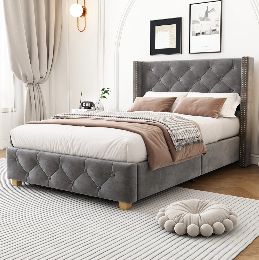 Letto imbottito in velluto grigio 90x200 cm con rete a doghe e testiera