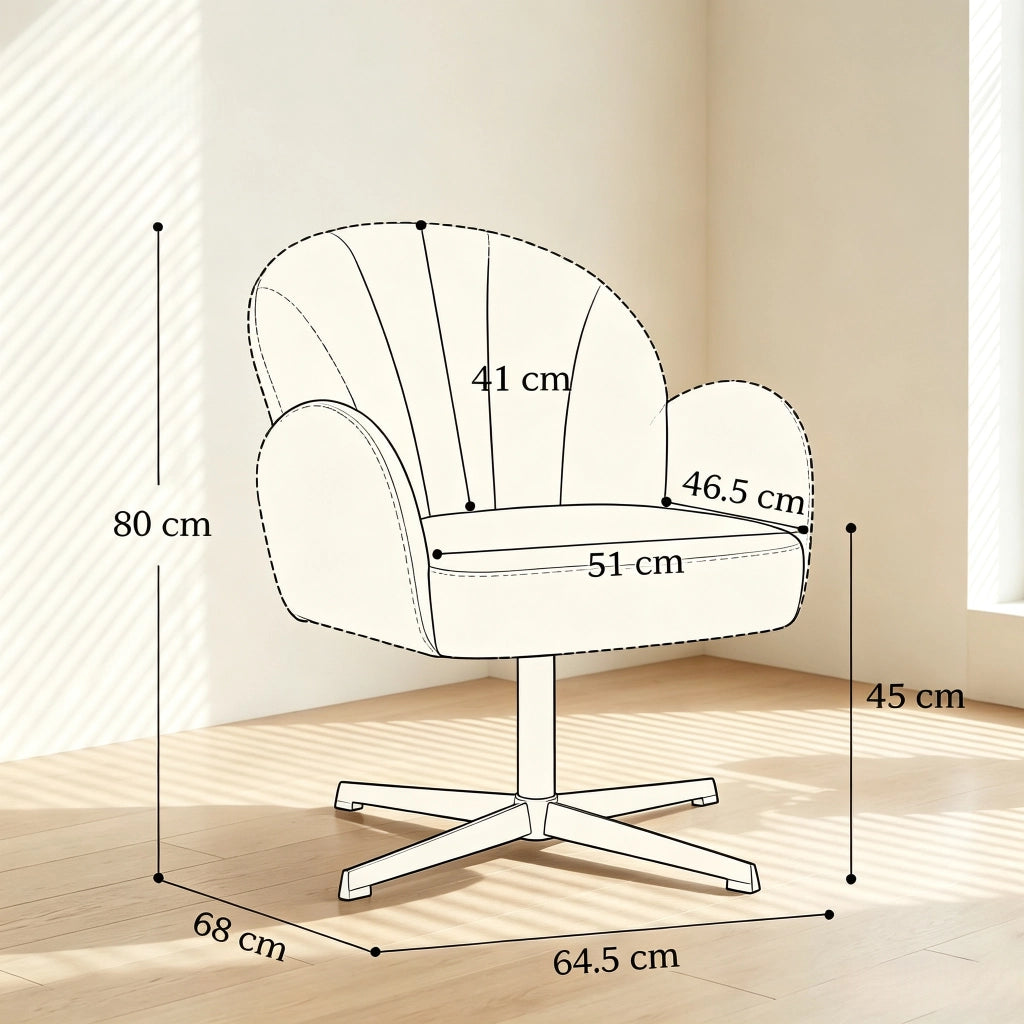 Poltrona girevole a conchiglia da salotto con schienale ergonomico e seduta imbottita in velluto beige e nero moderna