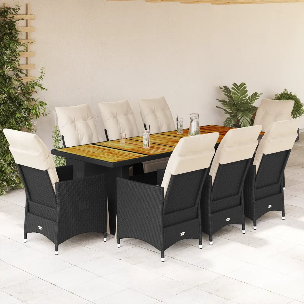 Set BistrÃ² da Giardino 9 pz con Cuscini in Polyrattan Nero
