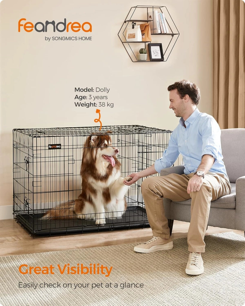 Feandrea Gabbia per Cani Pieghevole, con 2 Porte, Divisorio, Vassoio Rimovibile, 122 x 74,5 x 80,5 cm, XXL, Nero PPD48BK