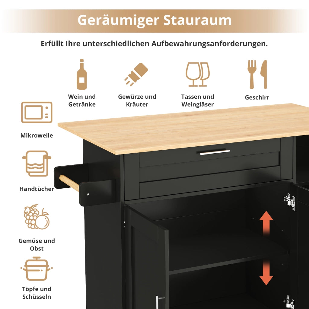 Carrello da Cucina con 2 Ante; 1 Cassetto; Ripiani Regolabili e Portasciugamani; in MDF; Nero e Naturale; 132;5 x 44 x 90 cm