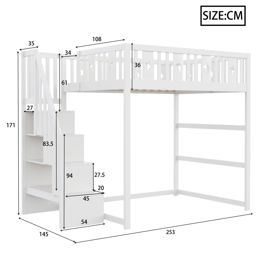 Letto a soppalco bianco 140x200 cm in legno massello con scala, ripiani e divanetto