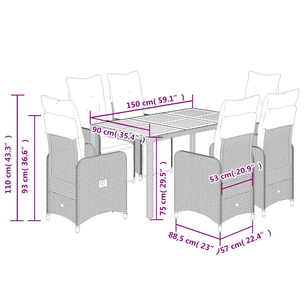 Set da Bistrò da Giardino 7 pz con Cuscini Nero in Polyrattan 3277130