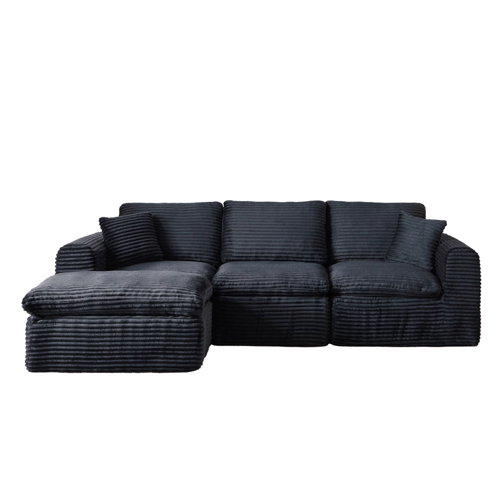 Divano modulare 3 posti con funzione letto e chaise longue in velluto a coste nero e blu 280×180×65 cm