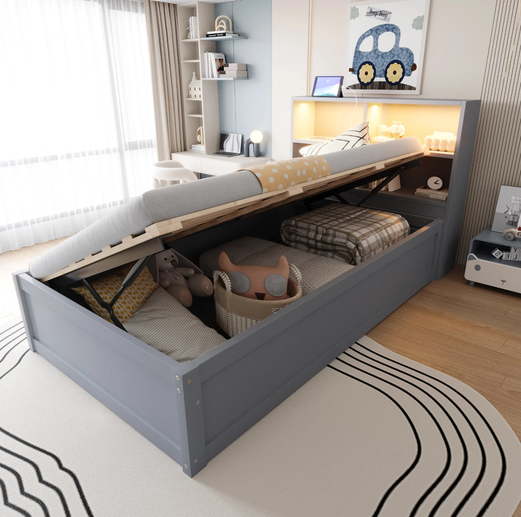 Letto multifunzione 90x200 cm grigio in legno con LED; presa integrata e 4 vani contenitore