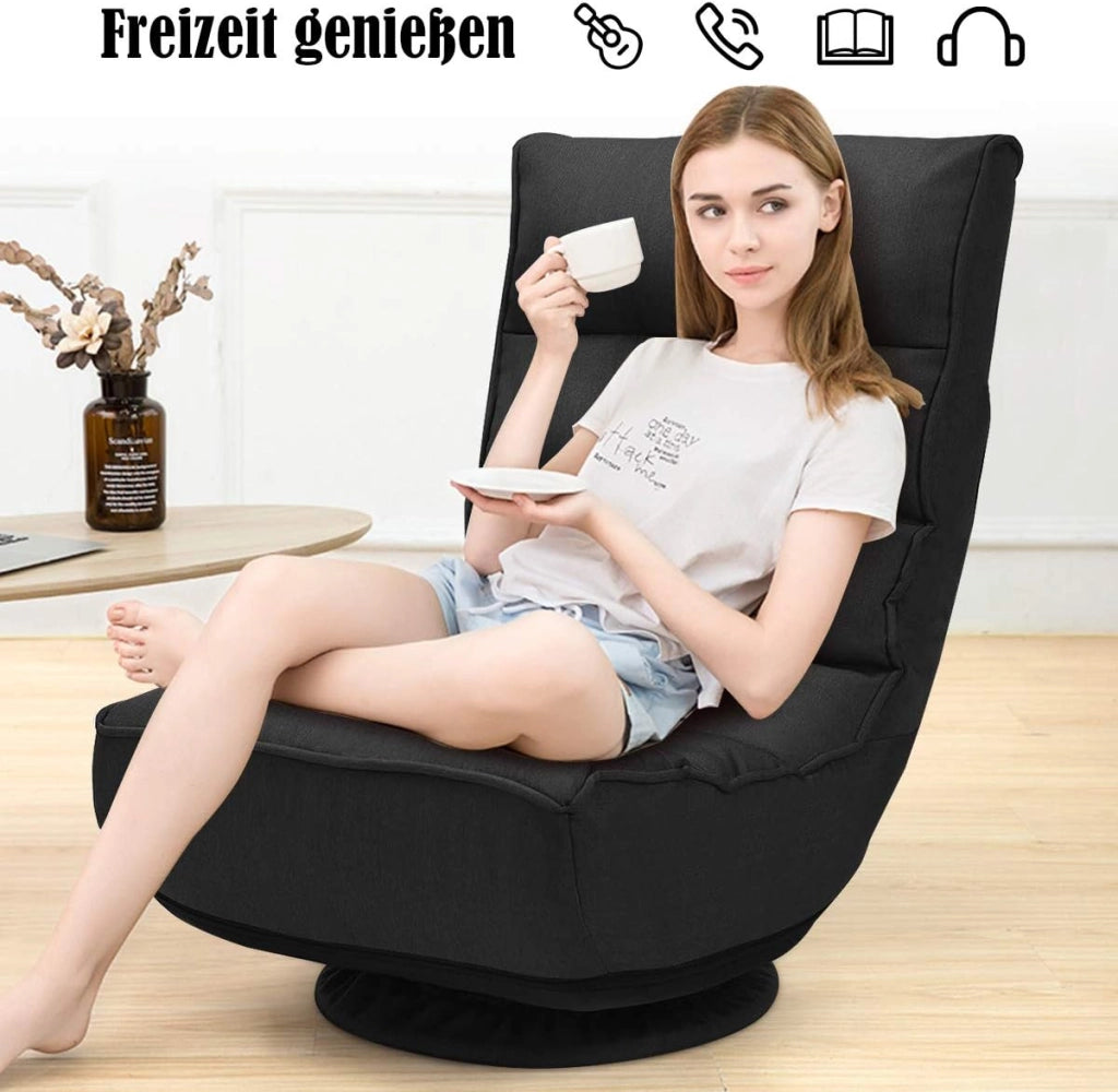 Sedia Imbottita da Pavimento, Reclinabile a 5 Livelli, Schienale Pieghevole, Base Girevole, Portata di 120 kg, Postazione da Relax/Lavoro/Gaming, 59x75x83 cm, 4 Colori Disponibili