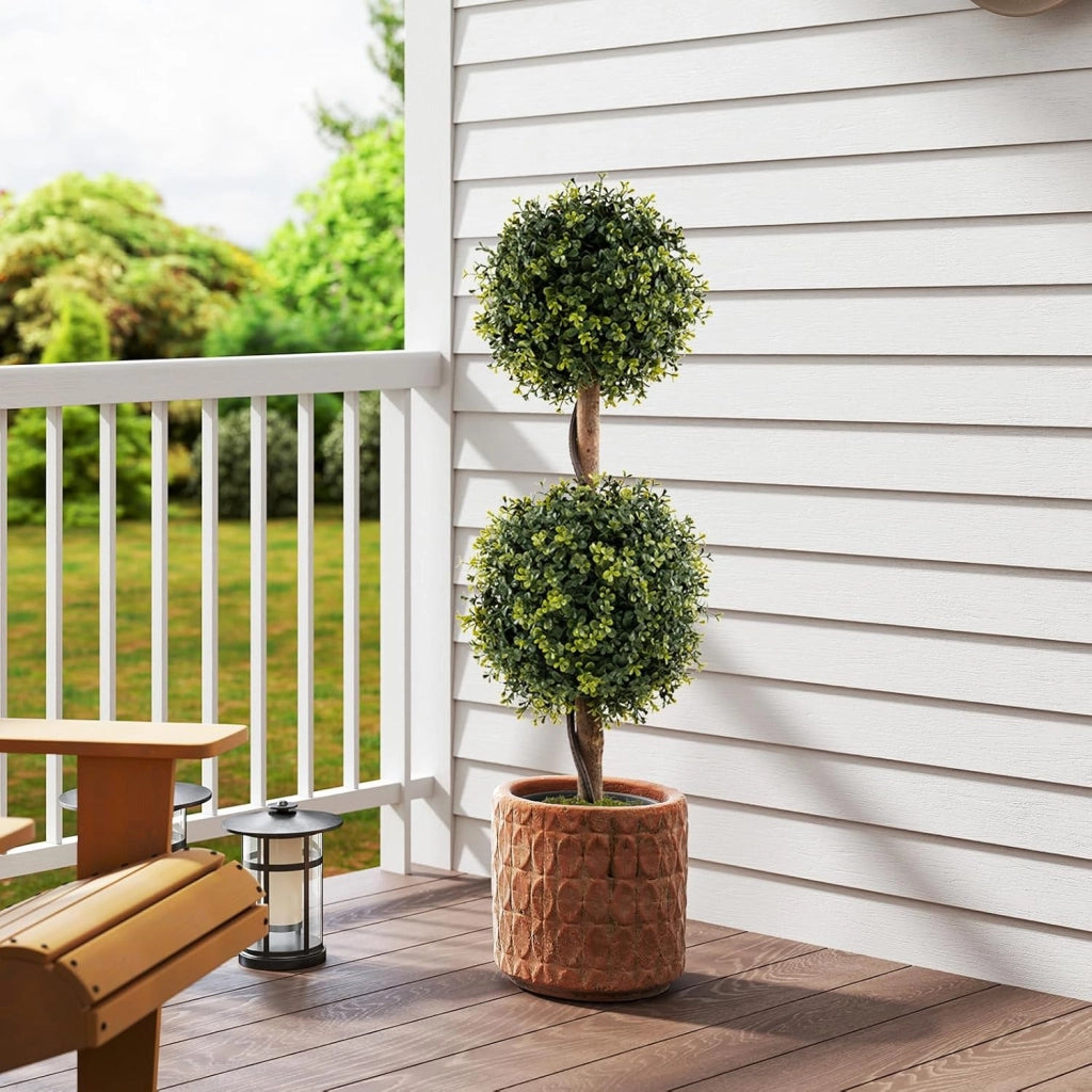 Set di 2 alberi artificiali Topiari di Bosso, piante finte con foglie realistiche in PE e tronco simulato, vaso di cemento e copertura di muschio, pianta per ingresso, soggiorno