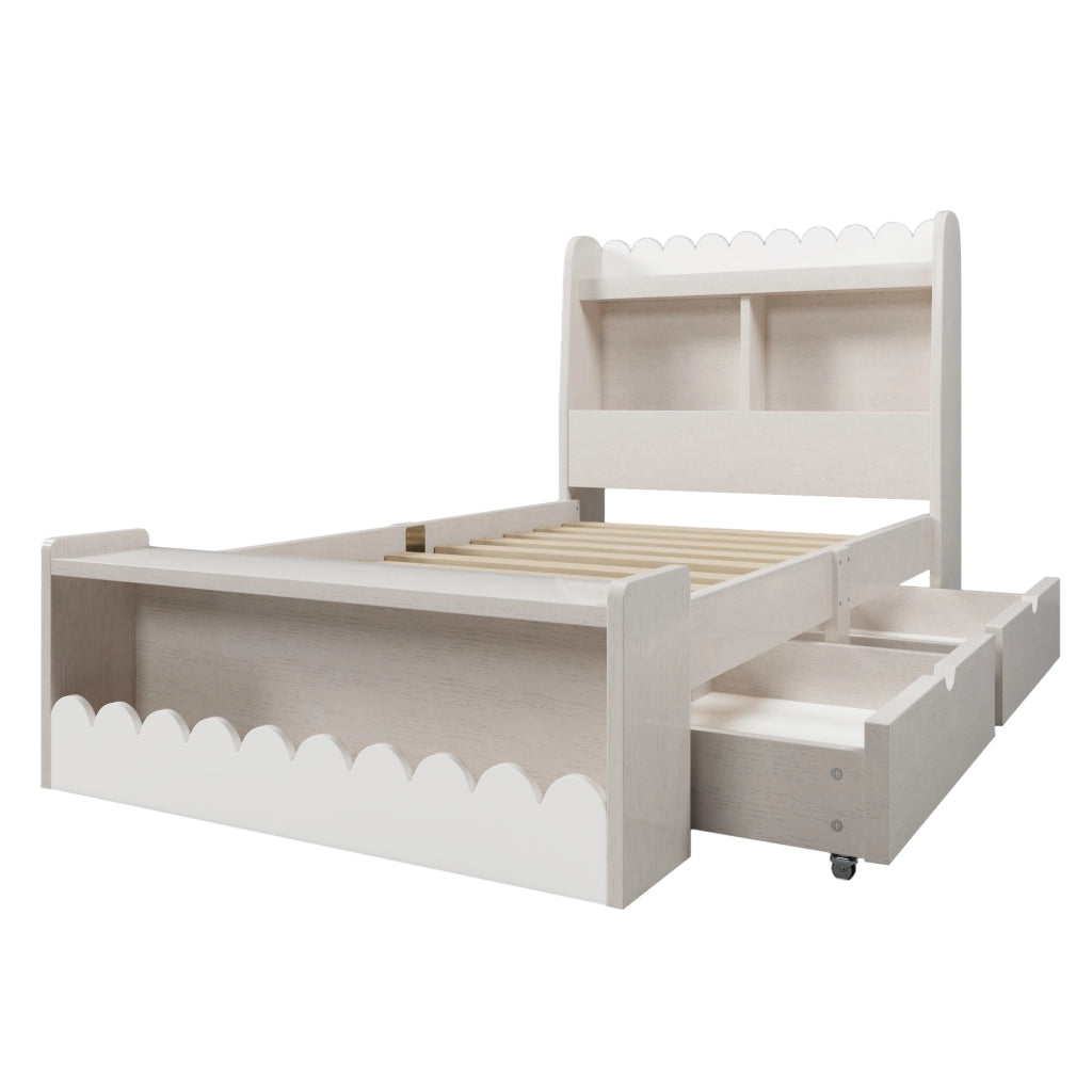 Letto singolo 90x190 cm con cassetti, mensole e contenitore, struttura in legno, bianco e rovere