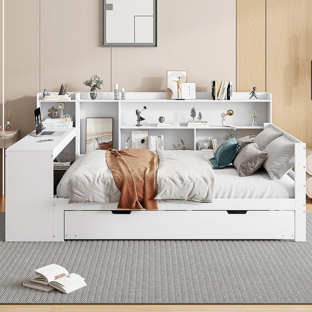 Divano letto-Xylo-140x200 cm-scrivania, scaffali, prese, legno bianco