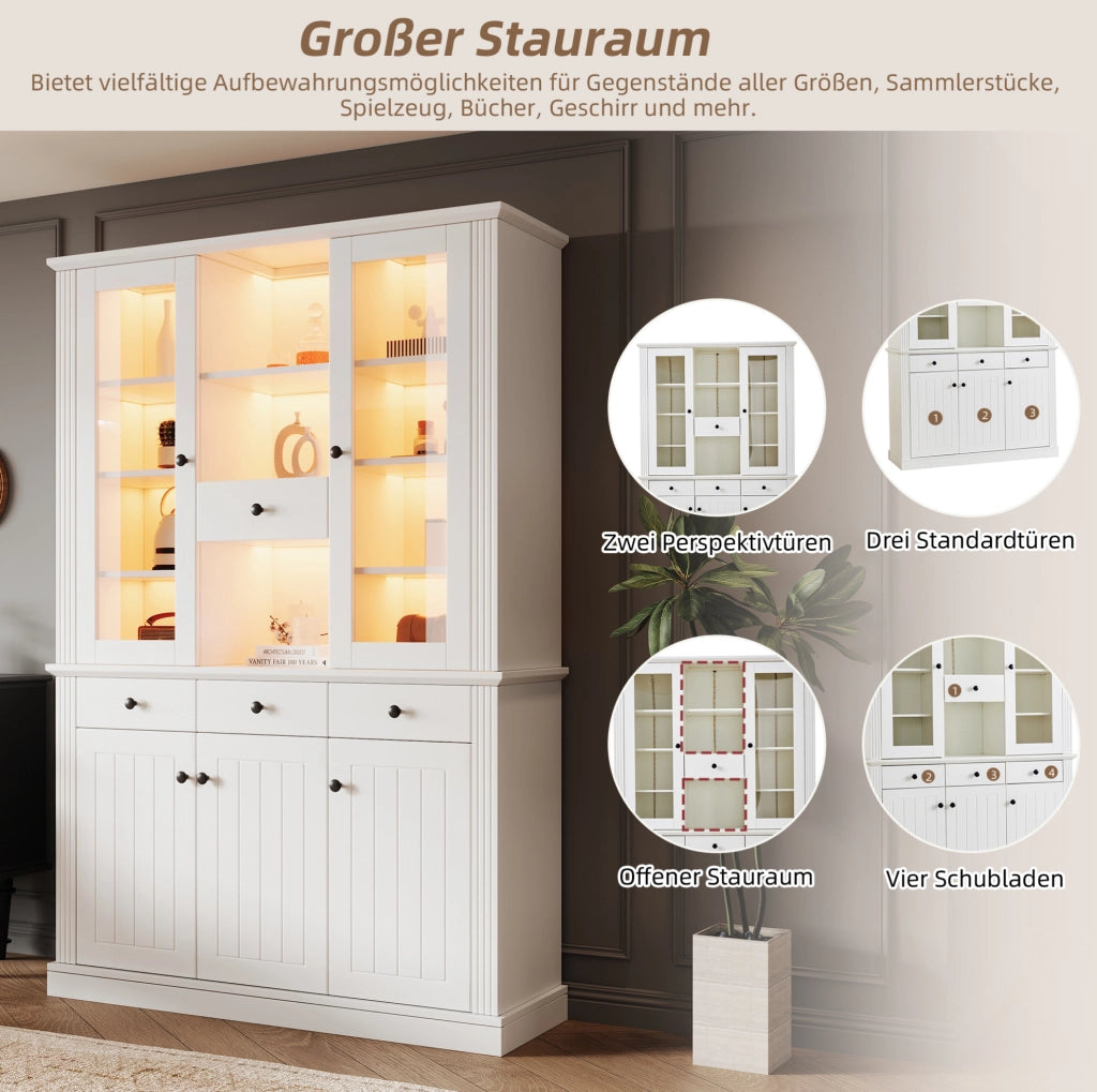 Vetrina alta con LED 119;5 x 40 x 180 cm in MDF e vetro temperato bianco