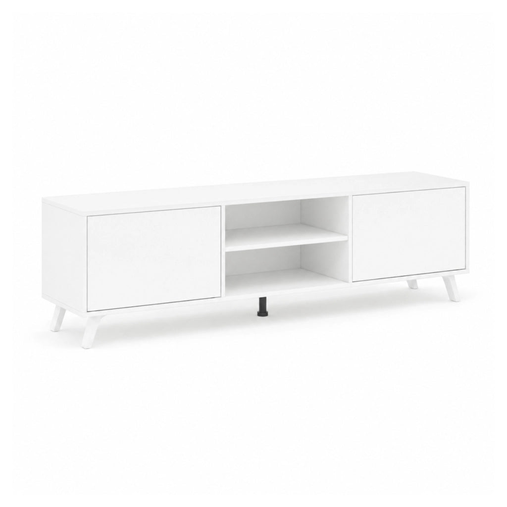 Mobile TV Design Scandinavo Con 2 Ante Battenti Ripiani Centrali Aperti Per Televisori Fino A 75 Pollici Per Salotto E Zona Living 180 X 39,6 X 49 Cm Bianco
