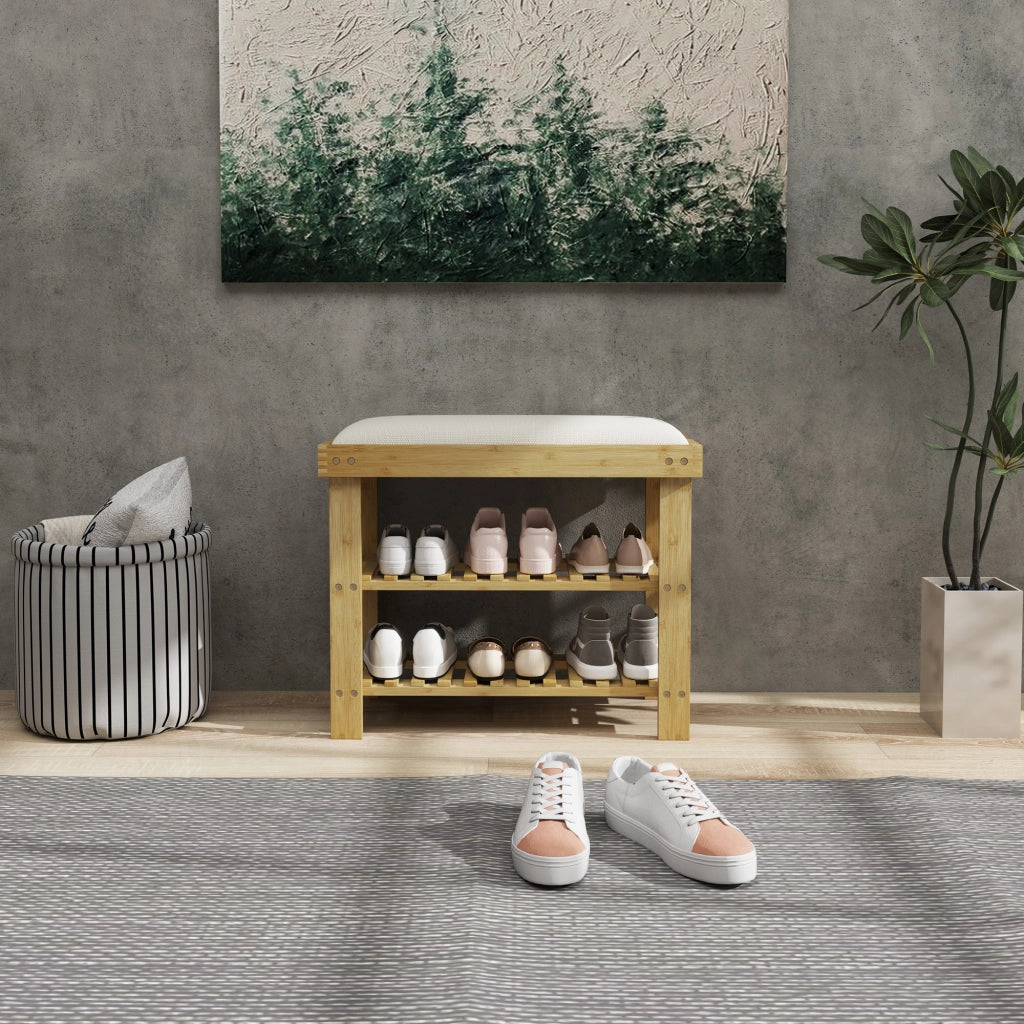 Scarpiera in Bamb¨´ 3 Livelli ¨C Zephmum ¨C Crema e Legno Naturale 60x29x49