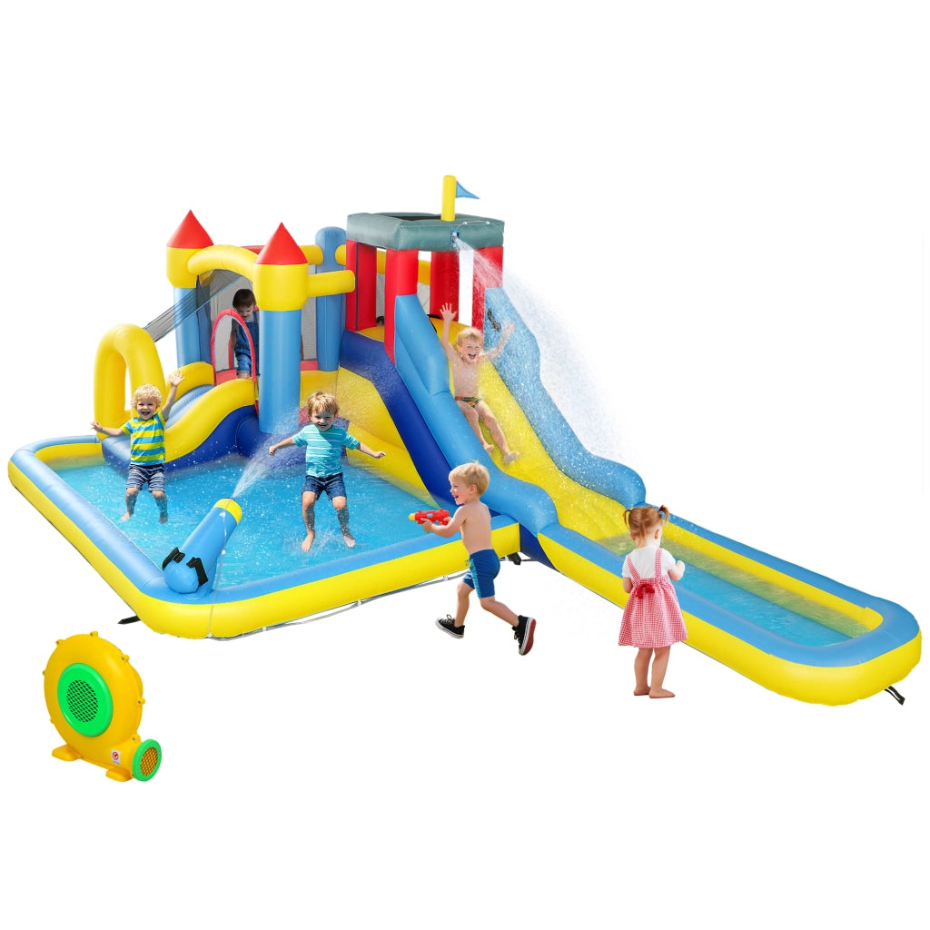 Castello gonfiabile per parco acquatico con scivoli, trampolino, parete arrampicata, cannone e canestro ¨C zephmum ¨C Colore variabile, Materiale PVC, Dimensioni variabili
