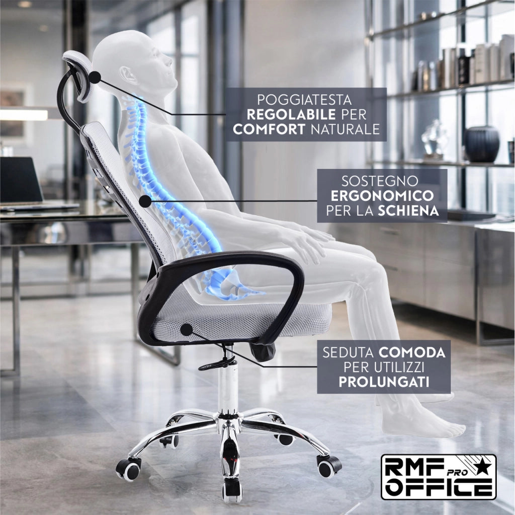 RMF Sedia Ufficio Ergonomica Professionale Reclinabile, Sedia Scrivania in Rete con Seduta Comoda e Rilassante - Poltrona Relax Ufficio con Ruote Girevoli Altezza Regolabile  BIANCA
