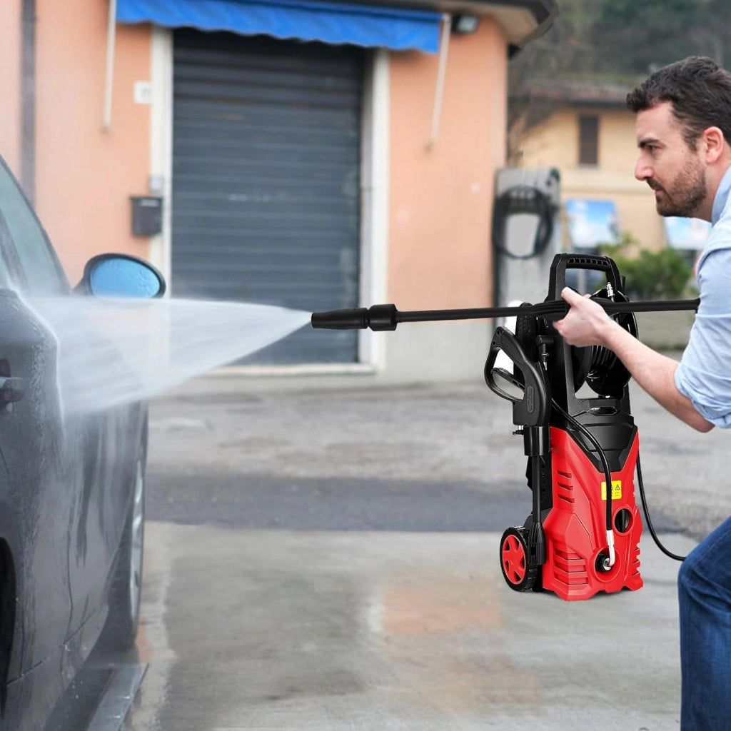 Pulitore ad alta pressione 1500 W, pulitore elettrico 140 bar, 5 l/min, con ugelli, raccordo ingresso acqua, vasetto da bucato, spazzola cavo elettrico 5 m, per auto, terrazza, parete (rosso+