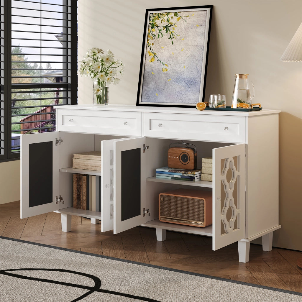 Credenza con 4 Ante a Specchio; 2 Cassetti e Ripiani Regolabili; Stile Moderno; in MDF; 140??40??83 cm; Bianco