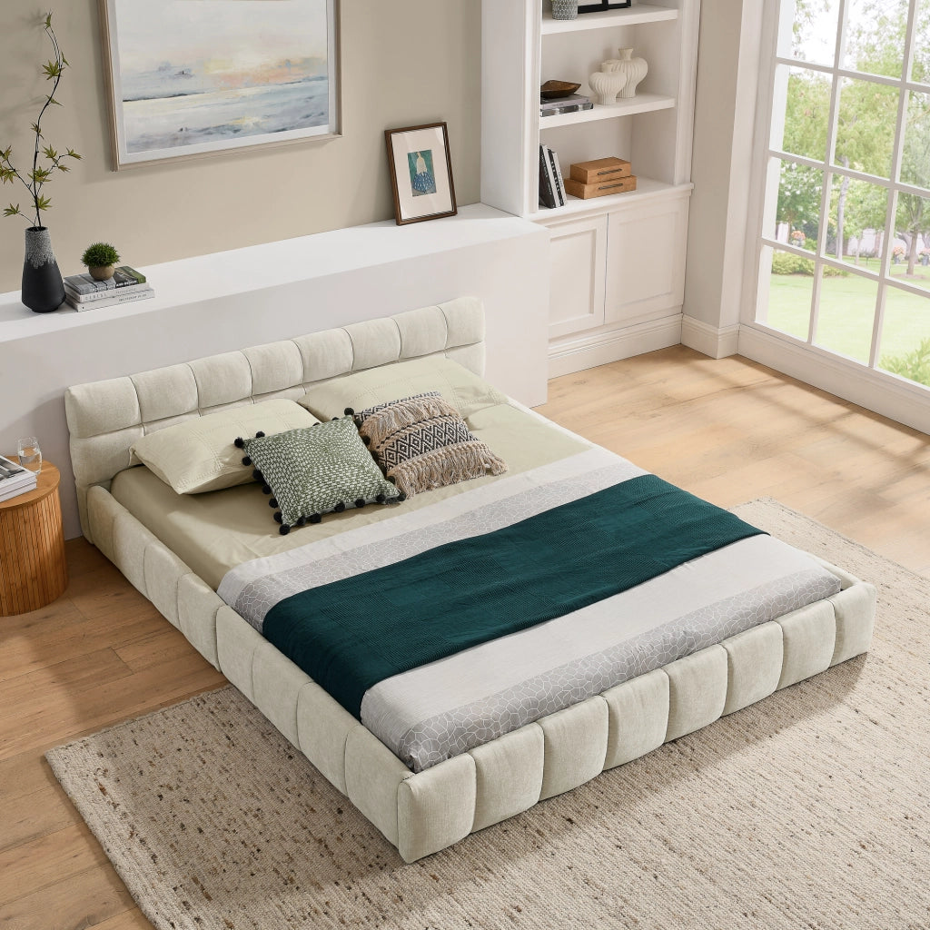 Letto Matrimoniale 140x200 cm in Chenille; Struttura in Legno e Ferro; Beige