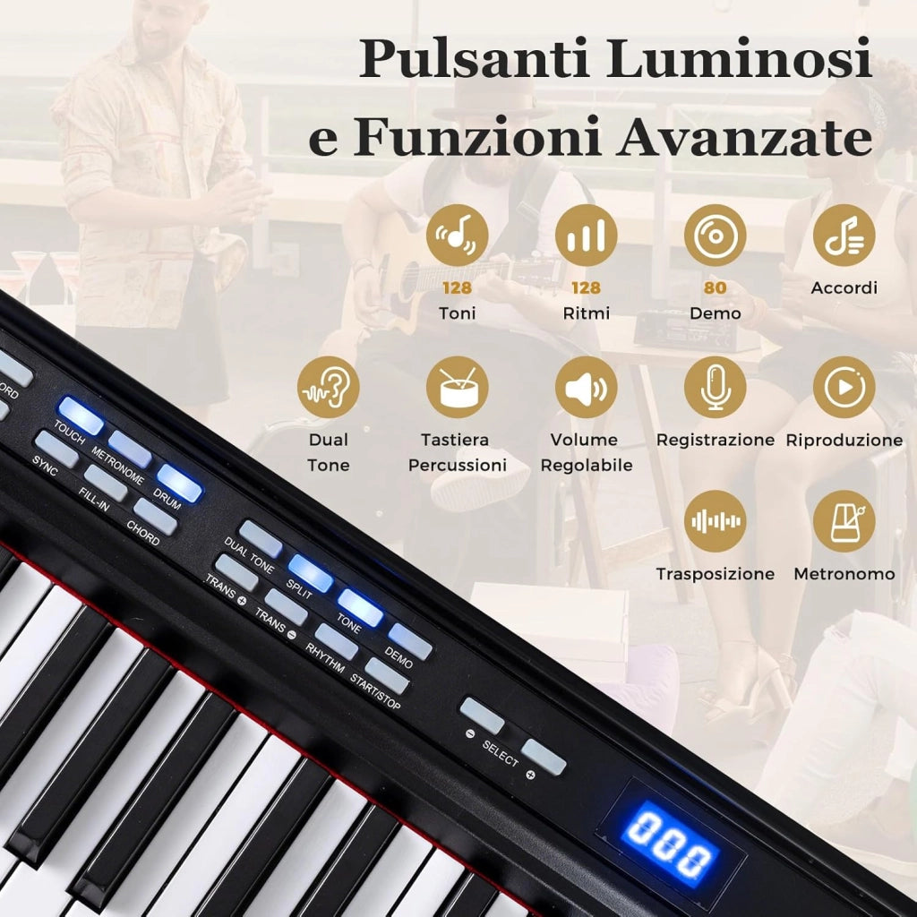 Tastiera Pianoforte Elettrico a 88 Tasti, Piano Digitale con Supporto e Sgabello Regolabili, Tastiera Sensibile, Tasti e Pulsanti Illuminati, Funzione MIDI, Pedale di Sustain, Cuffie (Nero)