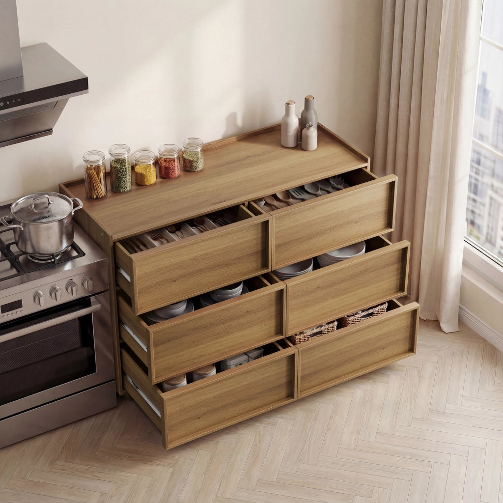 Comò moderno a sei cassetti in finitura rovere, 115 x 48 x 78 cm, con struttura in MDF e pannello truciolare