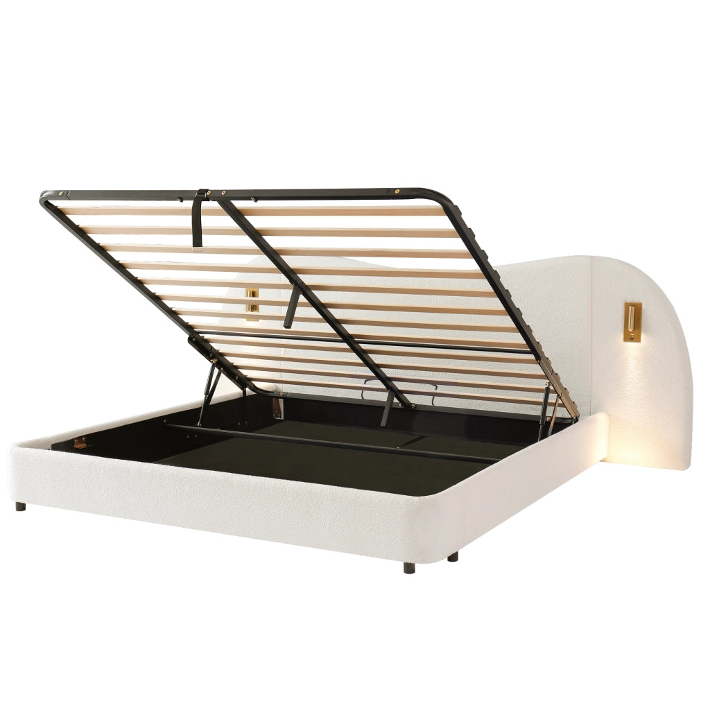 Letto matrimoniale contenitore con alzata idraulica; USB e luci; in bouclé bianco