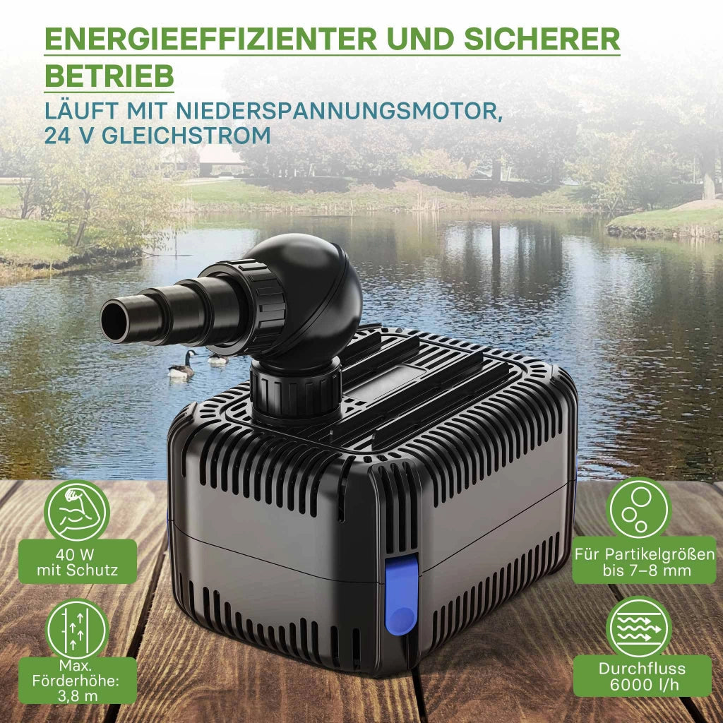 CDF-6000 24V DC Pompa laghetto 6000 l/h 40 W Protezione contro blocco e funzionamento a secco