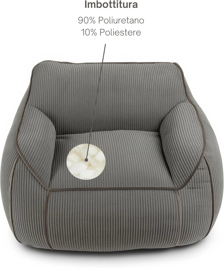 Pouf Poltrona per Salotto e Camera - Tessuto in Velluto a Coste Morbido ed Elegante - Poltrona Sacco Generosamente Imbottito, Ideale per un Ambiente Accogliente (Grigio Scuro)