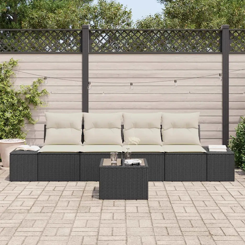 Set Divano da Giardino 5 pcs Nero e Crema polyrattan
