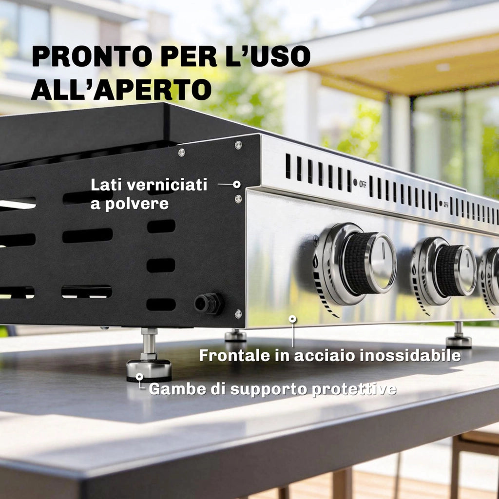Griglia a Gas 62x49x23 cm Piastra di Cottura Portatile 3 Bruciatori con Vaschetta Raccogli Grasso Nero