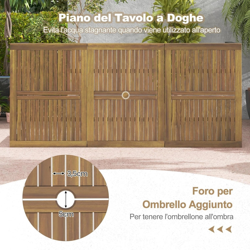 Tavolo da Pranzo a 8 Posti, Tavolo da Giardino 200 cm in Legno di Acacia, con Foro per Ombrellone da 5 cm, Gambe in Metallo, per Giardino, Cortile, Portata 75 kg (Modello 1)