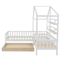 Letto per bambini con cassetti e scaffali, struttura a L, senza materasso, 90x200 cm+140x70 cm, Bianco