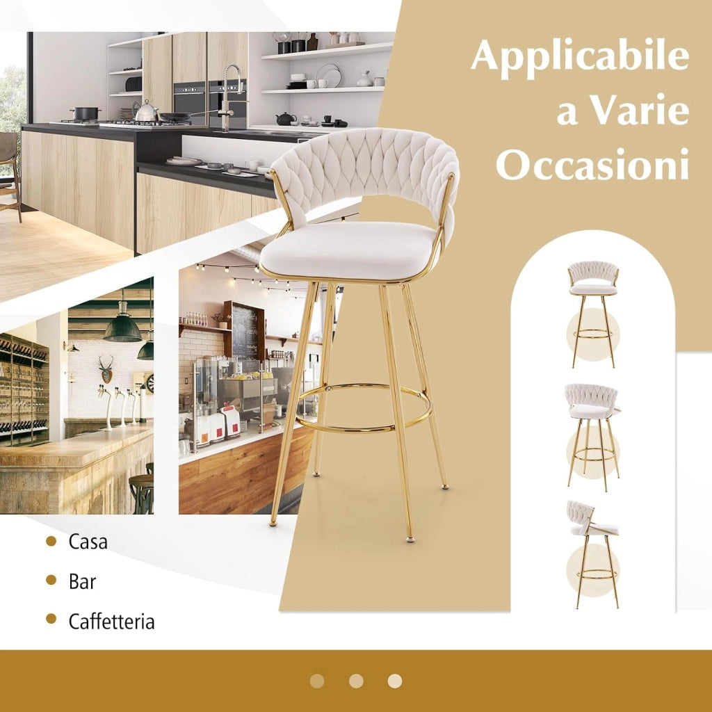 Set di 2 Sgabelli Bar in Velluto, Sgabello Bar di 73 cm con Schienale Intrecciato e Gambe in Metallo, con Schienale e Piedini Regolabili, per Cucina, Sala da Pranzo, Portata 200 kg(Bianco)