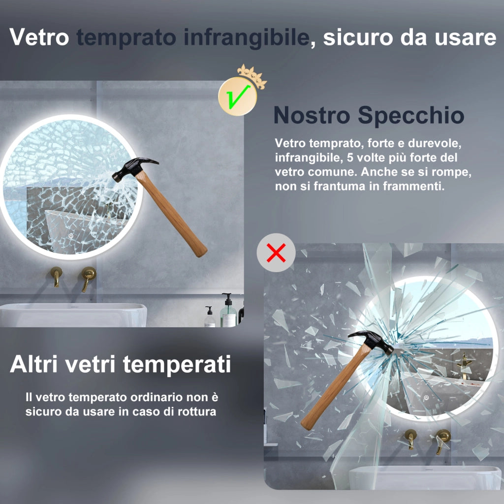 Specchio da bagno Rotondo con 60cm,Memoria, Antifog,Regorabile,Retroilluminato,doppio interruttore,