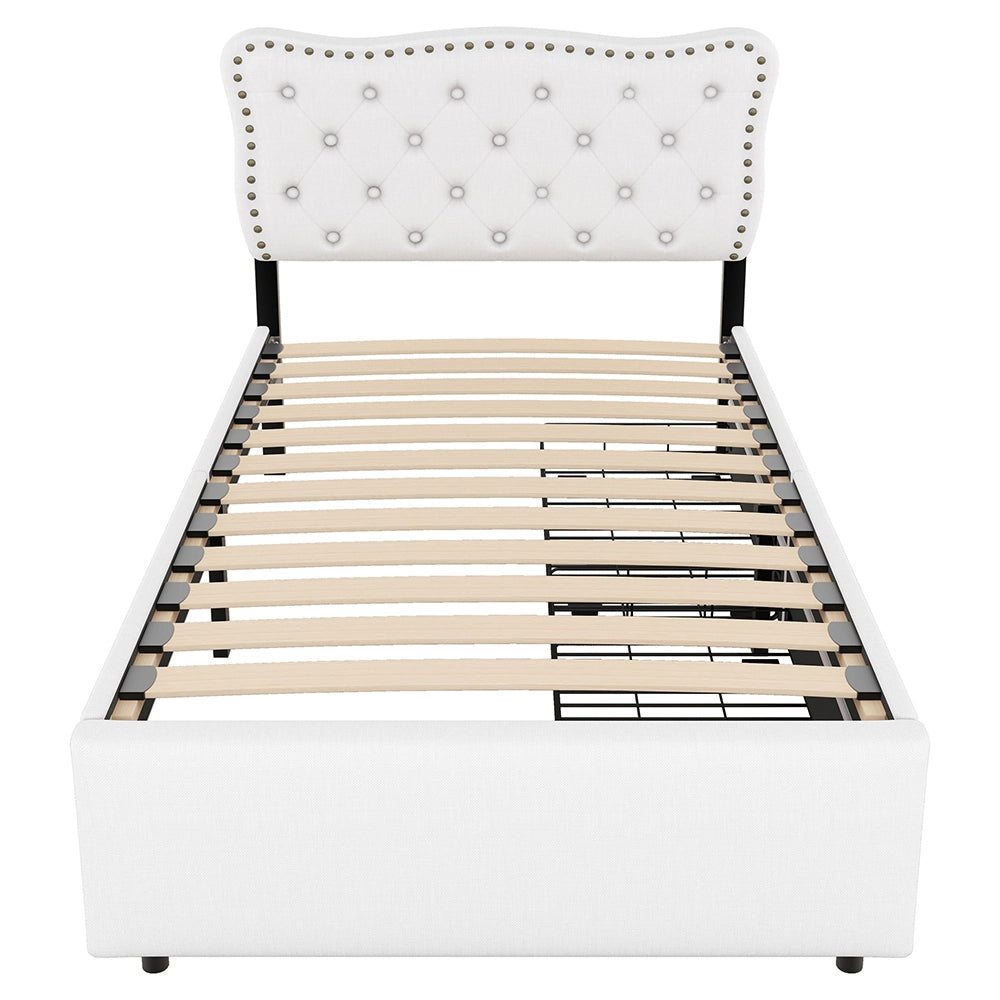 Letto imbottito con testata imbottita rivetti decorativi e due cassetti - Xylo - 90x200 cm - Beige