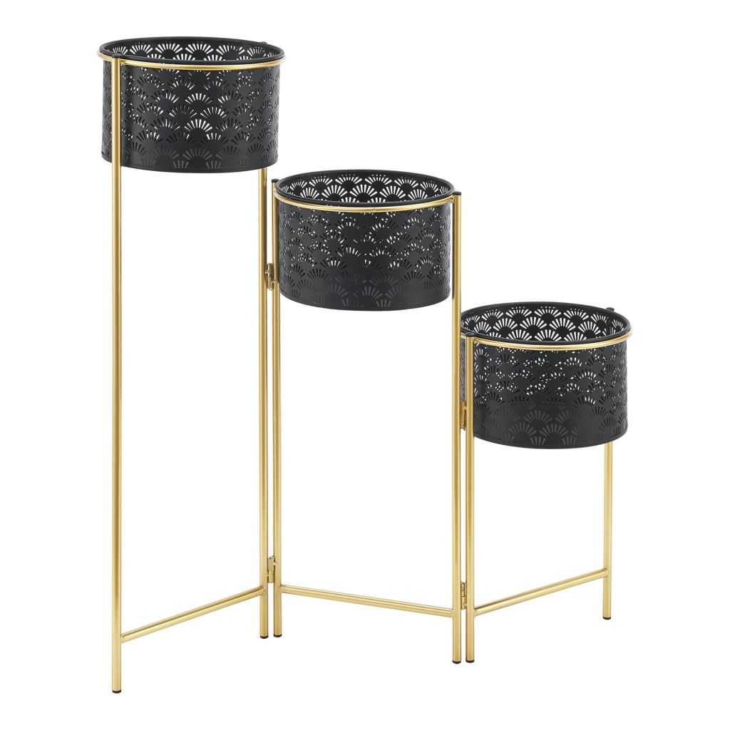 Porta Vasi da Interno Portapiante Supporto per Piante con 3 Coprivasi Struttura a 3 Livelli Pieghevole in Color Ottone con 3 Portavasi di Forma Cilindrica in Color Nero [en.casa]