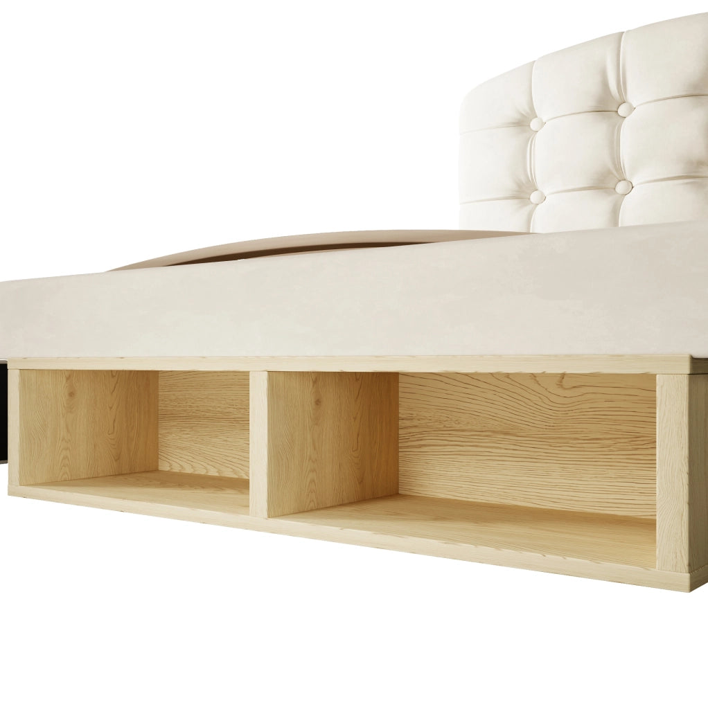 Letto singolo 90x200 cm con testiera regolabile; cassetti e vani; velluto beige