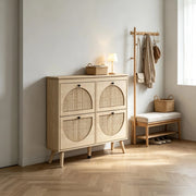 SCARPIERA con 4 cassetti ribaltabili 105x24x97,5 cm Legno naturale Rattan