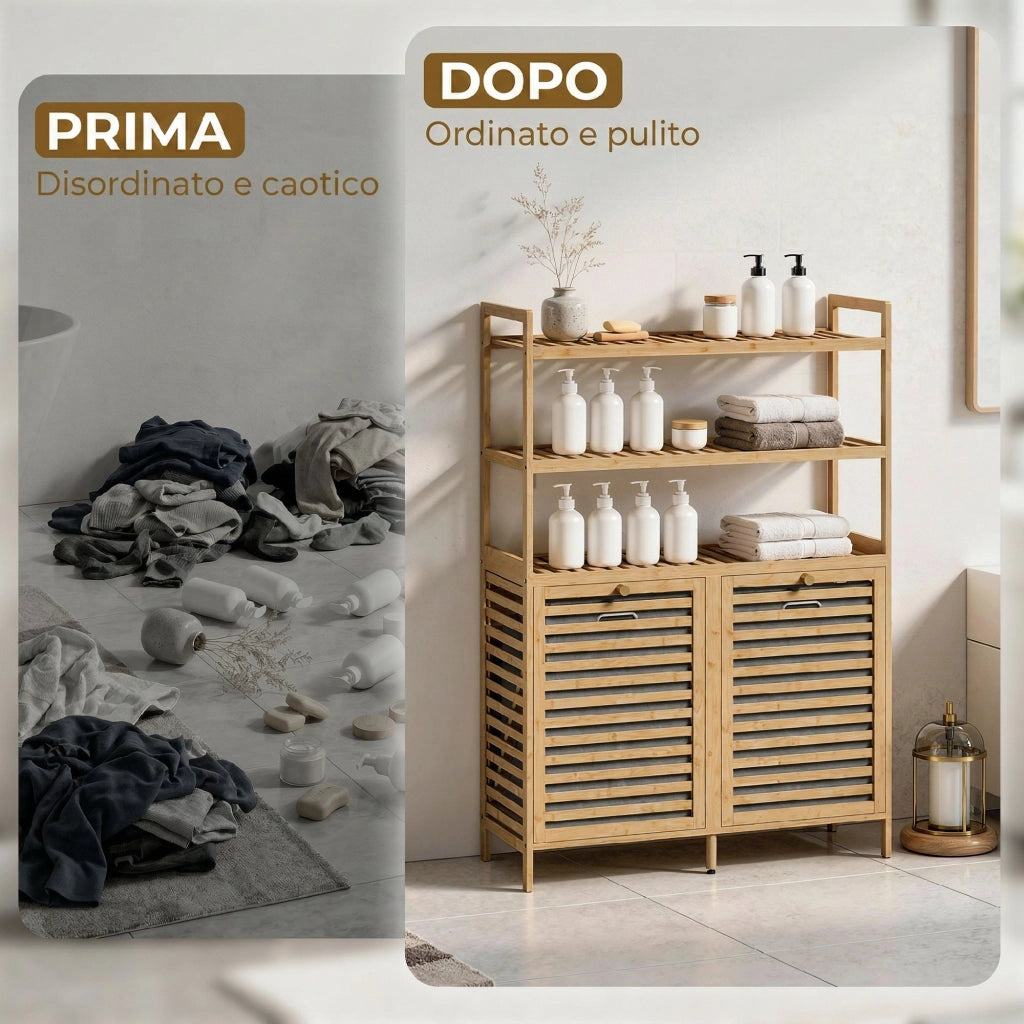 Mobile Porta Biancheria Doppio 80x30x118 cm Inclinabile 2 Cesti 3 Ripiani in Bambù Colore Rovere