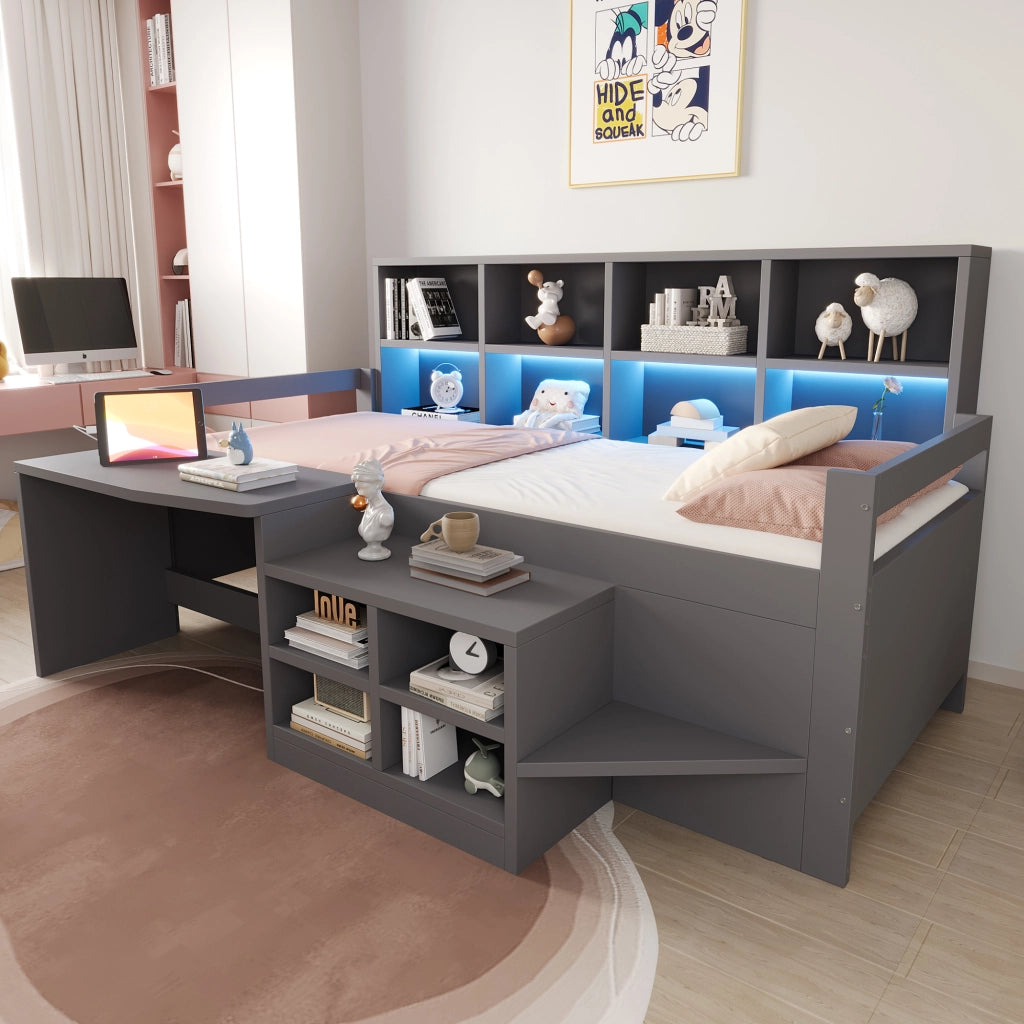 DESMIU Letto a soppalco 90 × 200 cm 1 posto con scrivania, vani contenitore, LED e prese USB, senza materasso, grigio