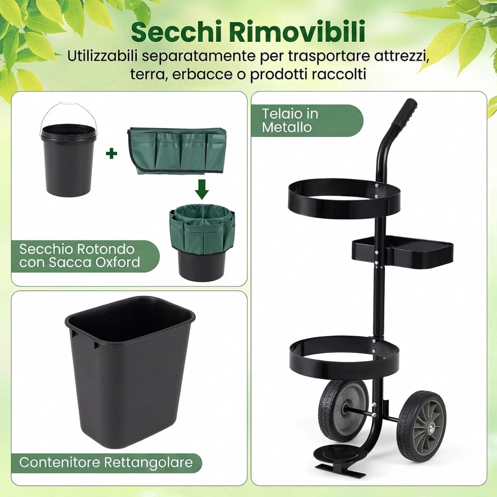Carrello da Giardino a 2 Ruote, Carrellino da Esterno per Attrezzi da Giardinaggio con Borsa in in Tessuto Oxford, 20 L Secchio Rotondo e 10 L Contenitore Rettangolare Rimovibili