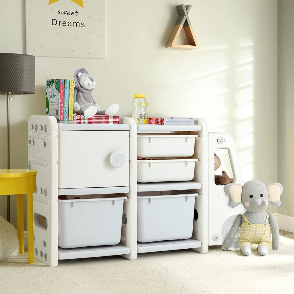Organizer per Giocattoli con Scatole per Bambini, Scaffale Multilivello in HDPE a Forma di Camion, Scaffale per Giocattoli con 2 Livelli e 4 Scompartimenti per Bambini