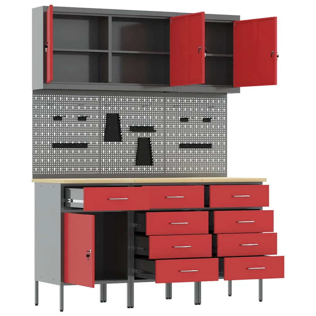 Mobile da lavoro 8 pcs Rosso Legno ingegnerizzato e acciaio 3321447