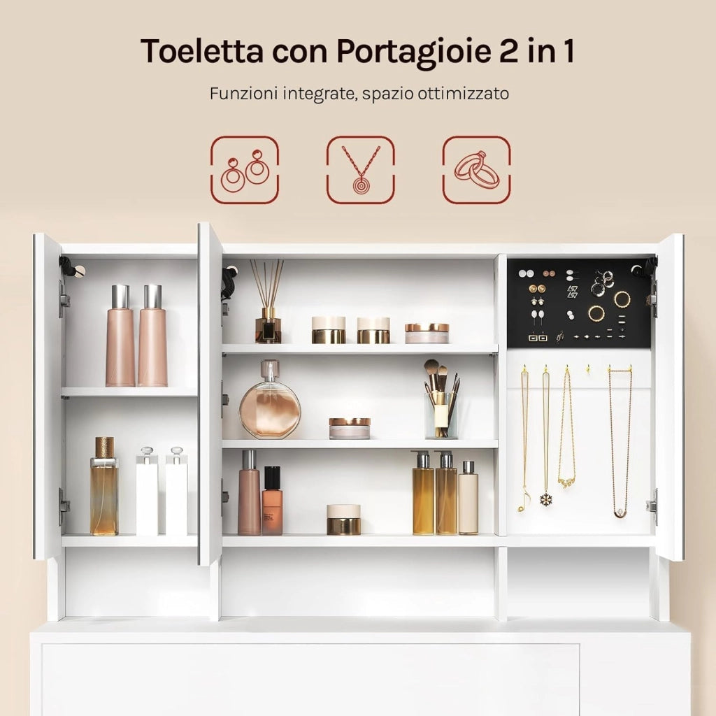 Toeletta con Specchio a LED, Luminosità Regolabile, Postazione Trucco con Scomparti Aperti e Ampio Cassetto, per Camera da Letto, Soggiorno, in Legno, Bianco, 90x40x135 cm