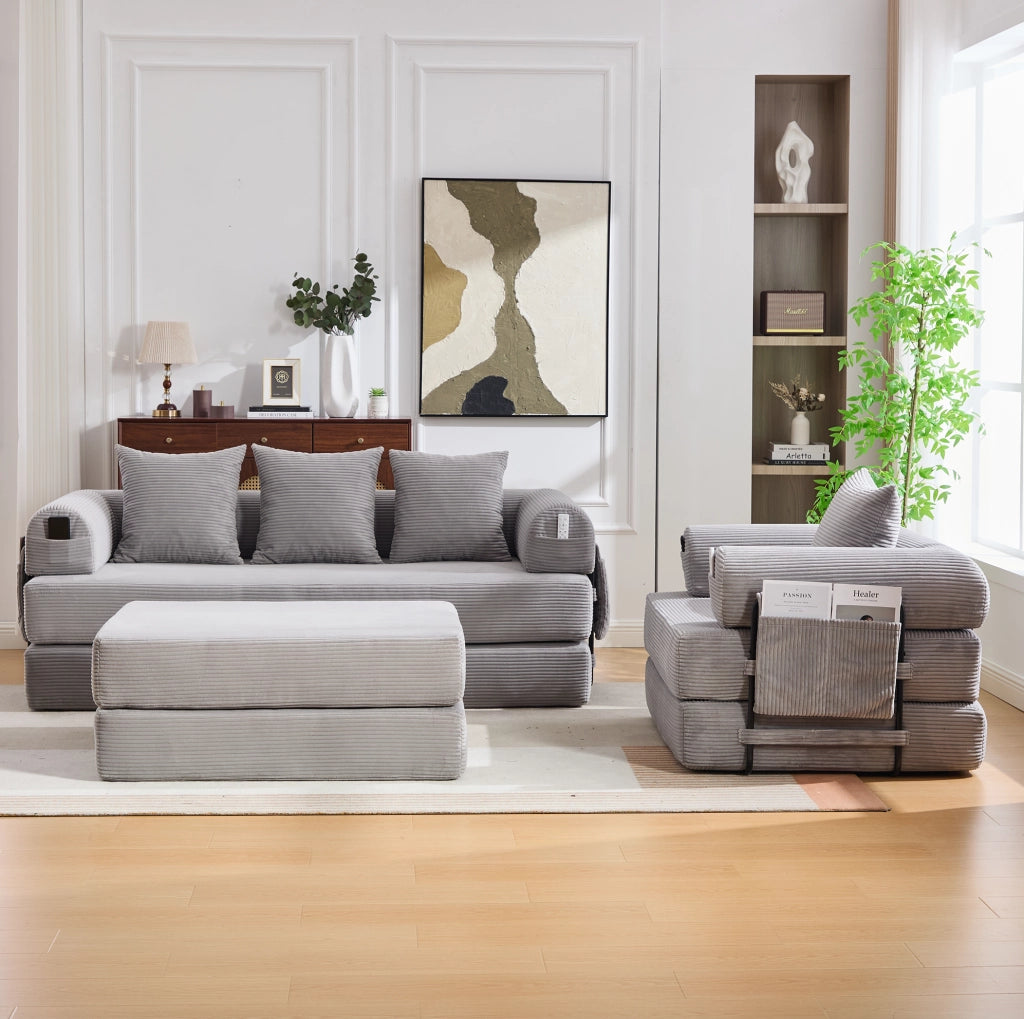 Set divano modulare ULEVR 200x190x67 cm con pouf, tasca laterale e 3 cuscini, in velluto a coste grigio chiaro