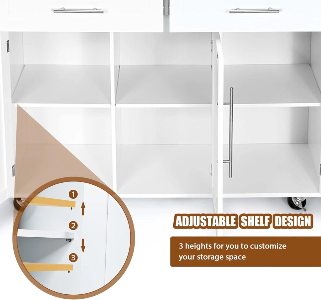 Carrello Portaoggetti con Ruote con 2 Freni, Isola Cucina in Rovere Massiccio, Mobiletto da Pranzo con Portaspezie e Portasciugamani, per Soggiorno, 111,5 x 46 x 93 cm, In 2 Pacchi (Bianco)