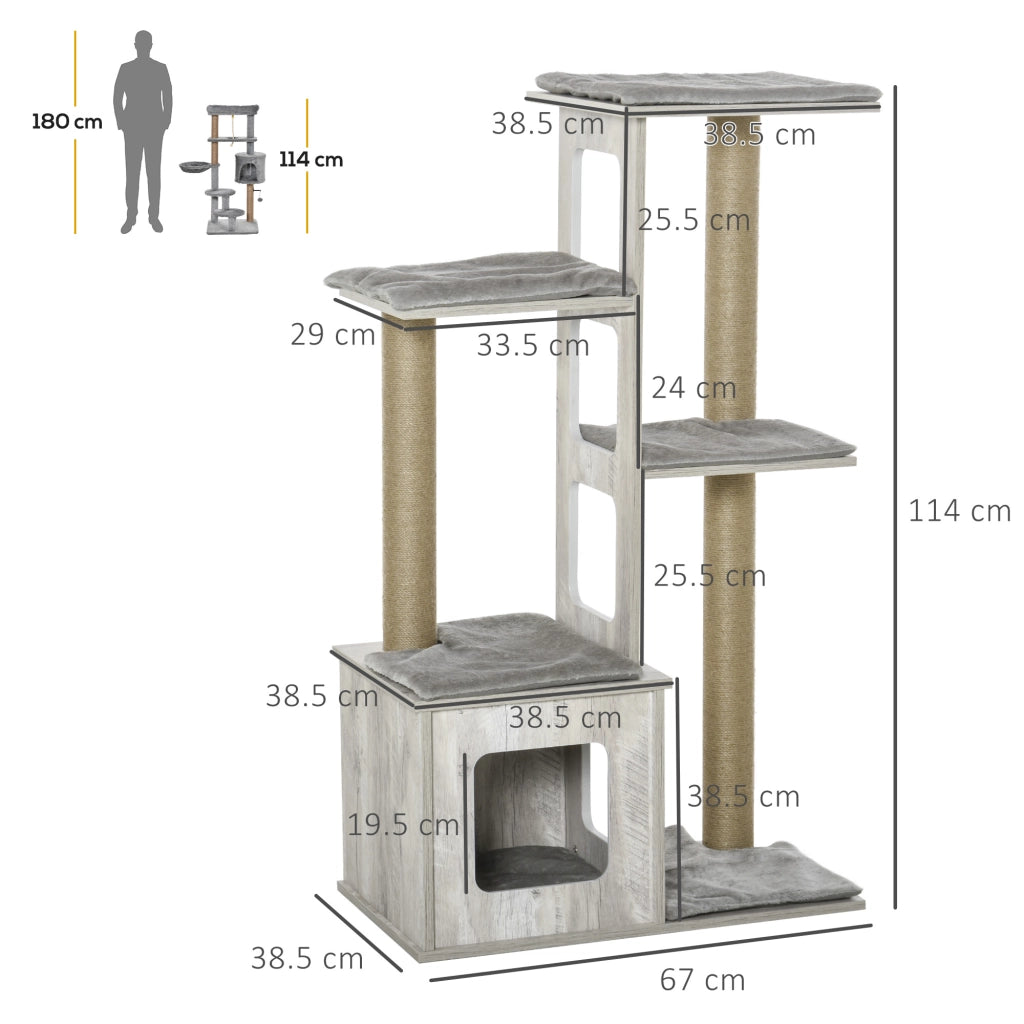 Albero Tiragraffi per Gatti Multi-livello con Cuccia e Corde in Iuta, 67x38.5x114 cm, Grigio