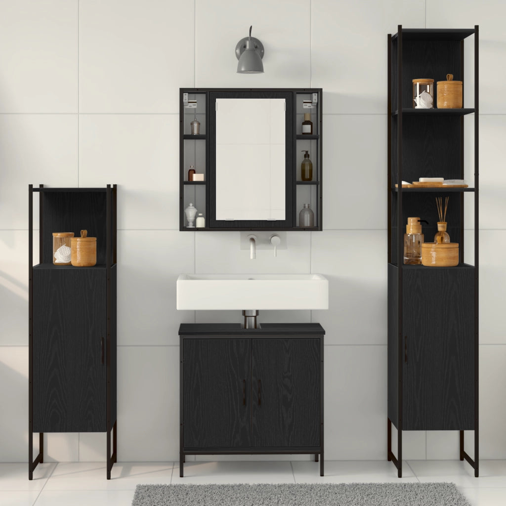 Set di Mobili per Bagno in 4 Pezzi Rovere Nero Legno Ingegnerizzato