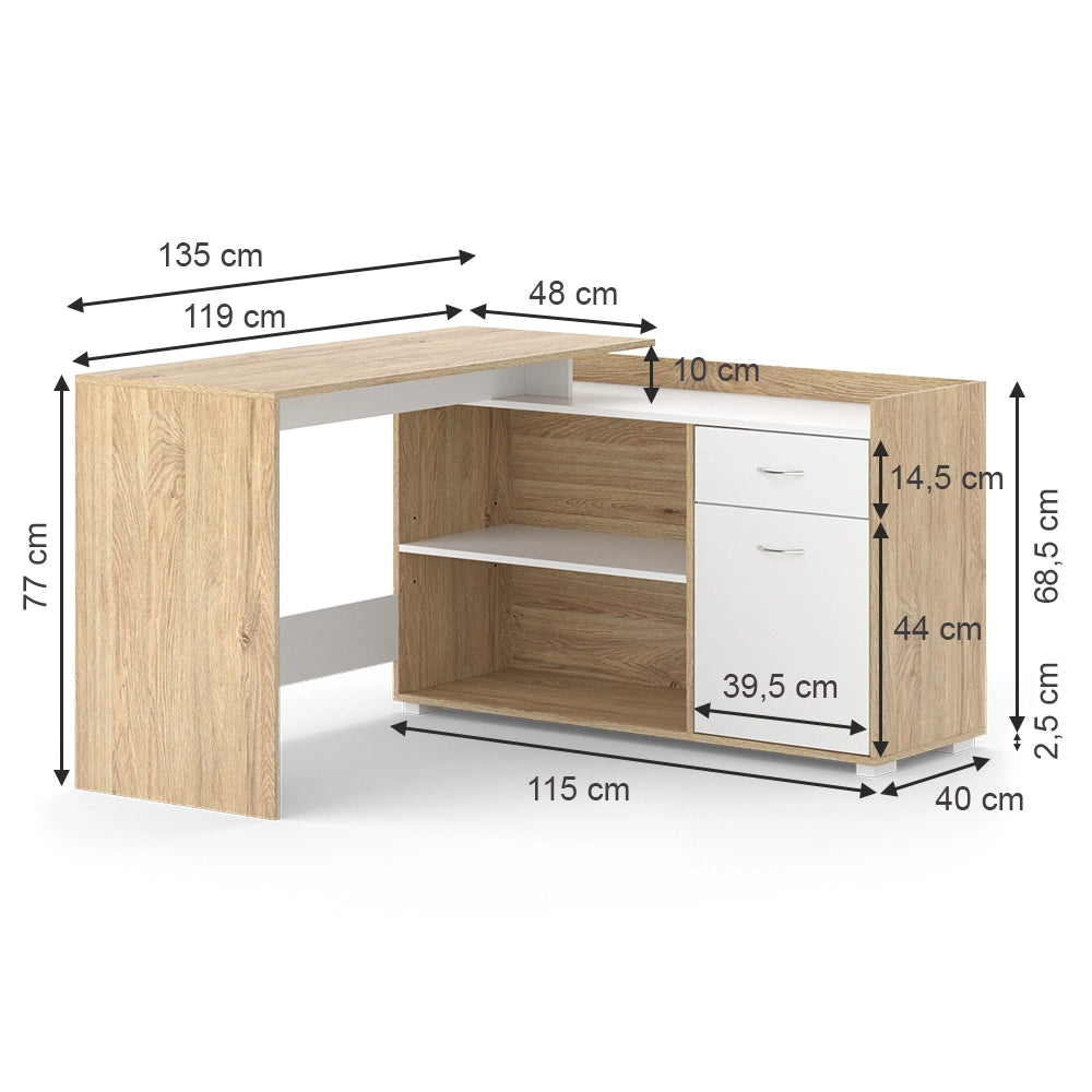 Vicco Scrivania ad angolo Bianco/Sonoma 135 x 77 cm con cassetto