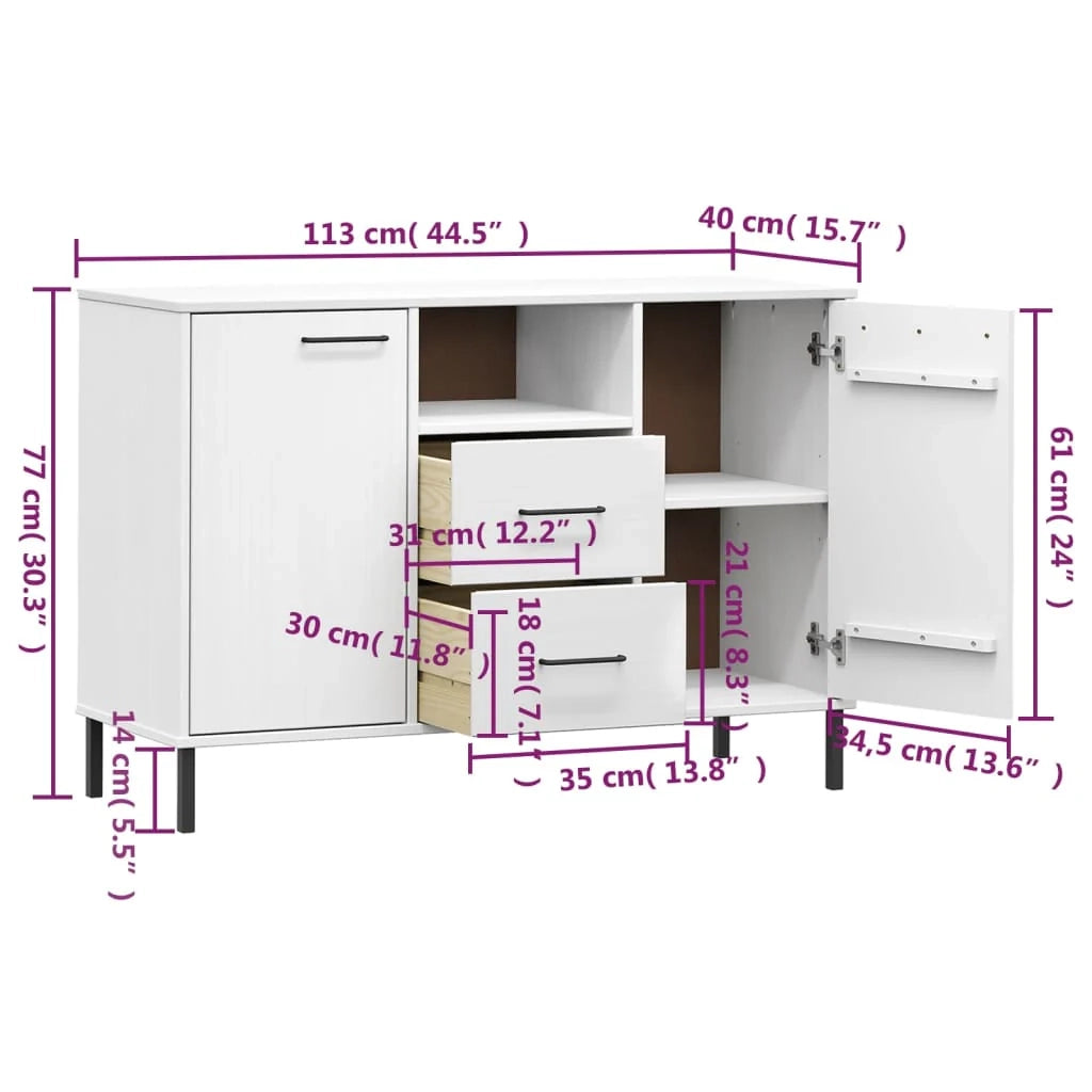 Buffet credenza cassettiera mobiletto mobile contenitore organizer per cucina soggiorno salotto con gambe in metallo 113 x 40 x 77 cm legno massello bianco 02_0030093