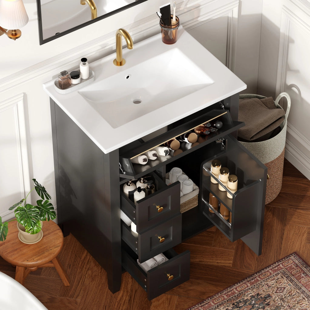 Mobile bagno con 1 anta; 3 cassetti e lavabo in ceramica con chiusura soft-close per bagno; 61×47×86 cm